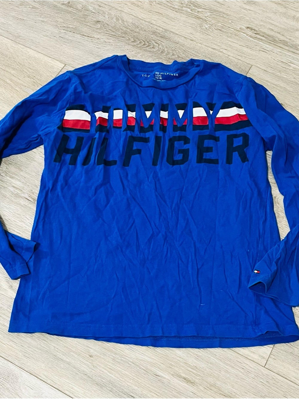 Tommy Hilfiger Royal Blue Long-Sleeve Logo Tee with Red & White Stripe